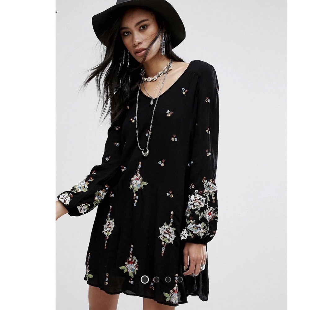 Free People Oxford Embroidered Mini Dress In Black Boho Loose Fit SZ Small